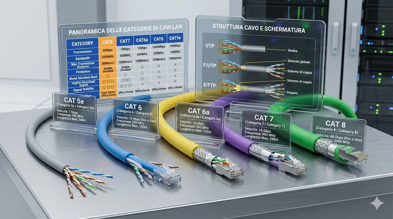 Diversi cavi Ethernet Cat5e, Cat6, Cat6A, Cat7 e Cat8 disposti su un banco, evidenziando le differenze di schermatura, diametro e uso consigliato per reti domestiche cablate e dispositivi PoE.