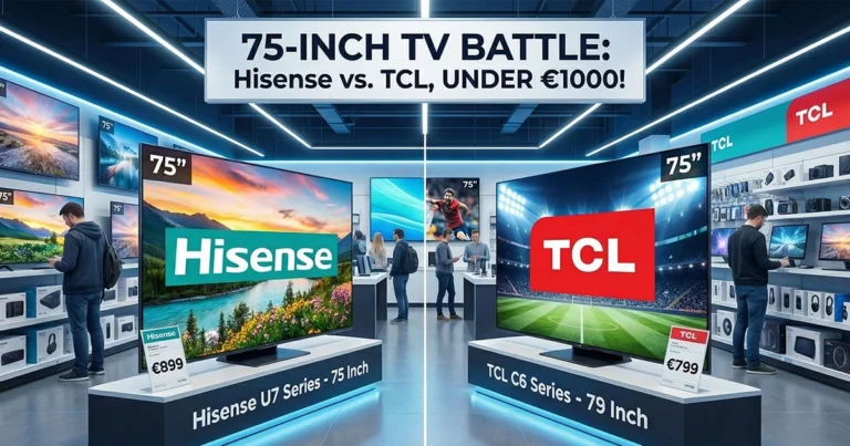 Confronto visivo tra i televisori Hisense 75U72Q e TCL 75Q6C affiancati in un salotto, per illustrare il miglior TV 75 pollici sotto i 1000 euro.