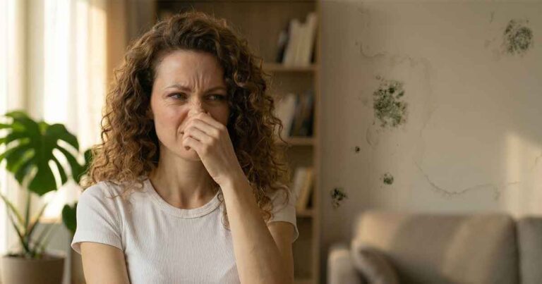Donna che si ottura il naso per odore di muffa in un living con pareti danneggiate dall'umidità, prima dell'installazione di un purificatore d'aria smart e deumidificatore Comfee.