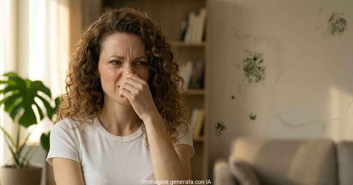 Donna che si ottura il naso per odore di muffa in un living con pareti danneggiate dall'umidità, prima dell'installazione di un purificatore d'aria smart e deumidificatore Comfee.