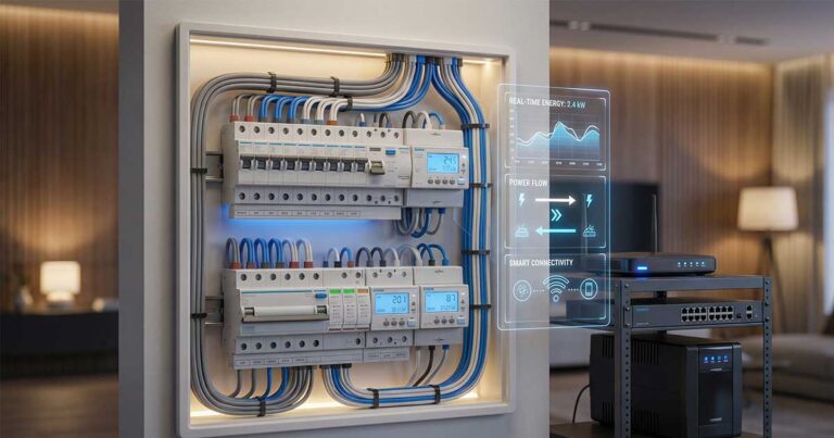 Quadro elettrico moderno per smart home con interruttori magnetotermici, differenziali a riarmo automatico, scaricatore di sovratensione (SPD) e misuratore di energia
