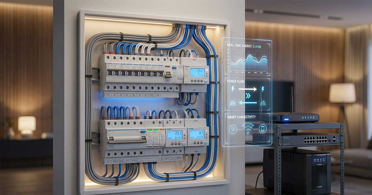 Quadro elettrico moderno per smart home con interruttori magnetotermici, differenziali a riarmo automatico, scaricatore di sovratensione (SPD) e misuratore di energia