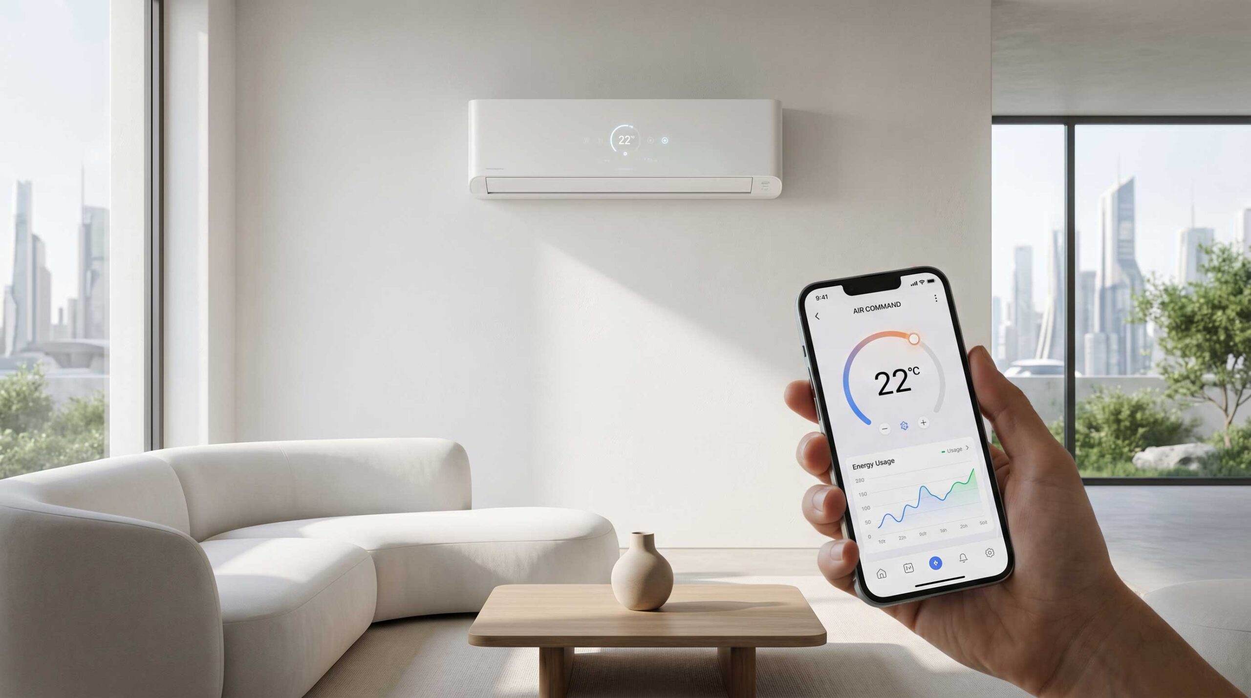 Climatizzatore smart moderno controllato tramite app smartphone in un soggiorno di design.