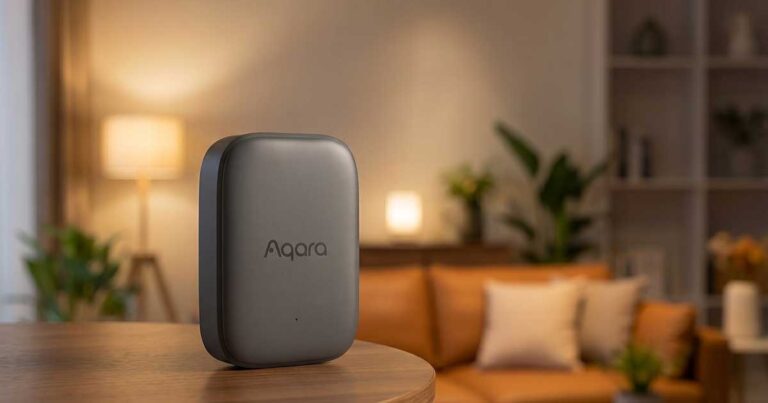 Sensore multistato Aqara P100 di colore bianco in funzione in una smart home, con indicazione di compatibilità Matter e resistenza IP65