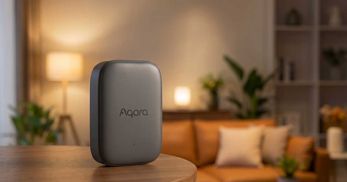 Sensore multistato Aqara P100 di colore bianco in funzione in una smart home, con indicazione di compatibilità Matter e resistenza IP65
