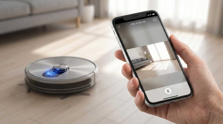 Smartphone in primo piano che mostra lo streaming video generato dalla telecamera del robot lavapavimenti Roborock Saros 20 in un salotto smart