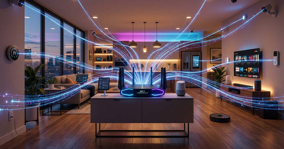 Un potente router Wi-Fi 7 al centro di un moderno salotto open-space, da cui partono fasci di luce azzurra che simboleggiano connessioni ultra-veloci verso decine di dispositivi smart home come TV, termostati, videocamere di sicurezza e assistenti vocali.