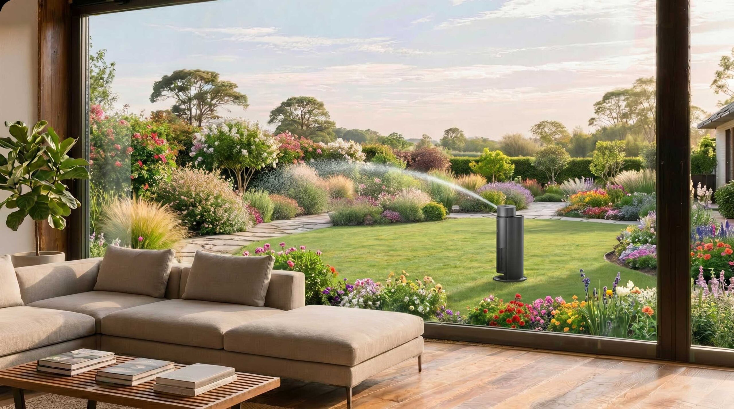 Aiper IrriSense 2 in funzione mentre innaffia un giardino verde con sistema di irrigazione smart WiFi