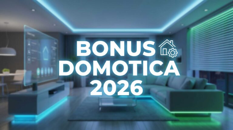 Living smart home moderno con scritta Bonus Domotica 2026 - Guida detrazioni fiscali Ecobonus - CasaSmartLab.it