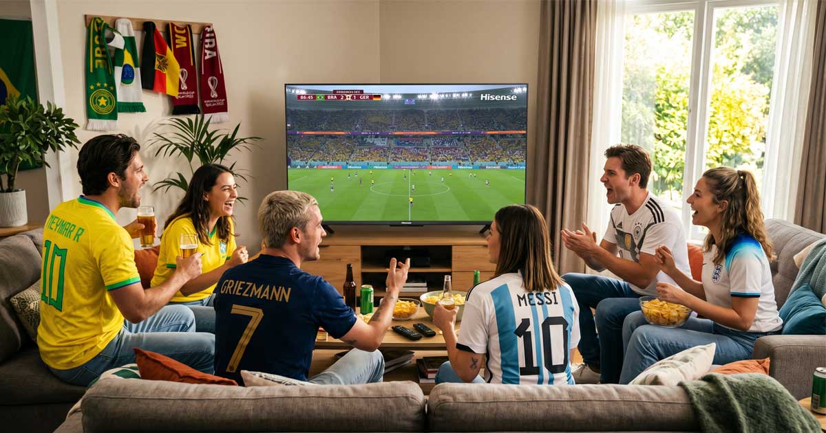 Tifosi seduti sul divano che guardano la partita del Mondiale su Hisense TV QLED 4K 65 pollici