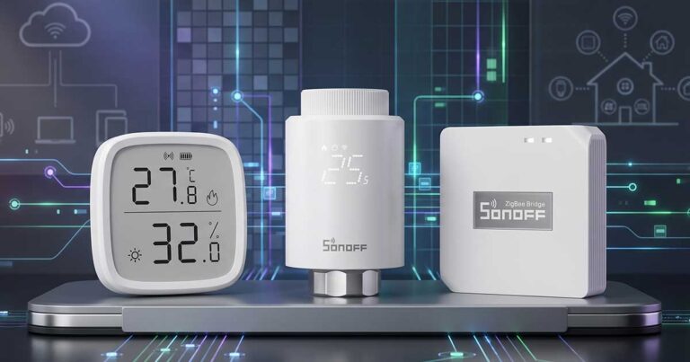 Kit SONOFF Zigbee con valvola termostatica TRVZB per radiatore, sensore temperatura SNZB-02D e Hub Bridge Pro su sfondo tech