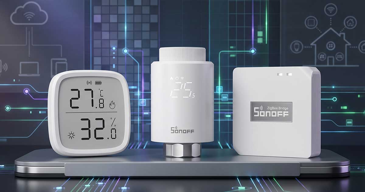 Kit SONOFF Zigbee con valvola termostatica TRVZB per radiatore, sensore temperatura SNZB-02D e Hub Bridge Pro su sfondo tech