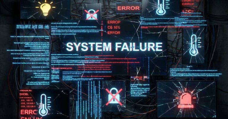 Schermi digitali crepati con scritte di errore e spie di allarme per evidenziare i blocchi tecnici causati da automazioni smart home non autonome.