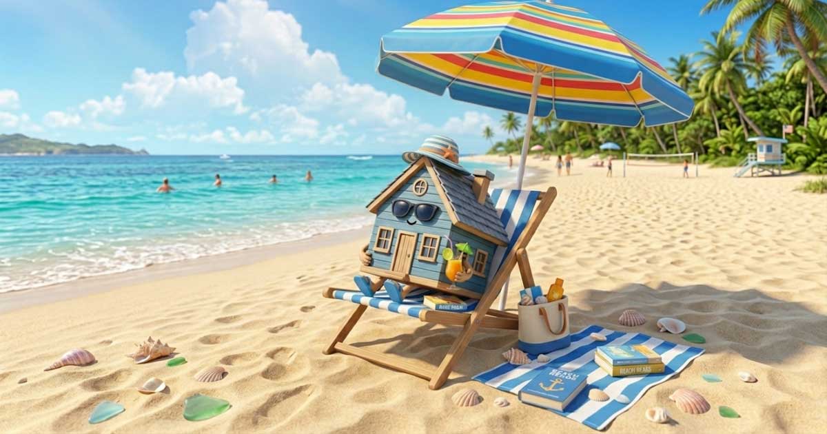 Modellino di una casa smart che si rilassa su una sedia a sdraio in spiaggia sotto l'ombrellone, a rappresentare la gestione domotica della casa in vacanza