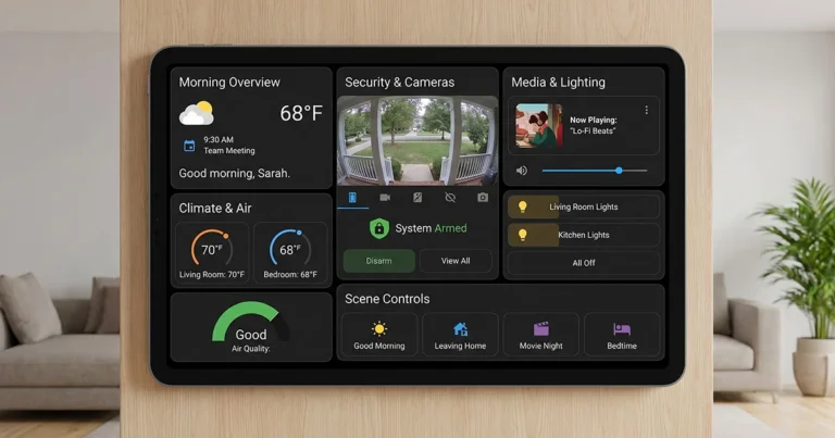 Esempio di dashboard Home Assistant ottimizzata con card grafiche Mushroom e indicatori energetici puliti.