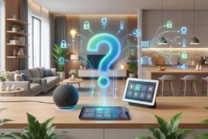 Interfaccia domotica su tablet e smart speaker in un open space moderno con ologramma a forma di punto interrogativo che collega icone di sensori intelligenti