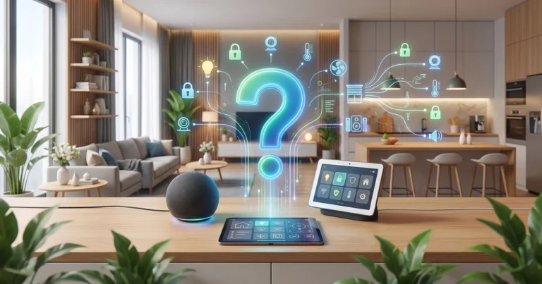 Interfaccia domotica su tablet e smart speaker in un open space moderno con ologramma a forma di punto interrogativo che collega icone di sensori intelligenti