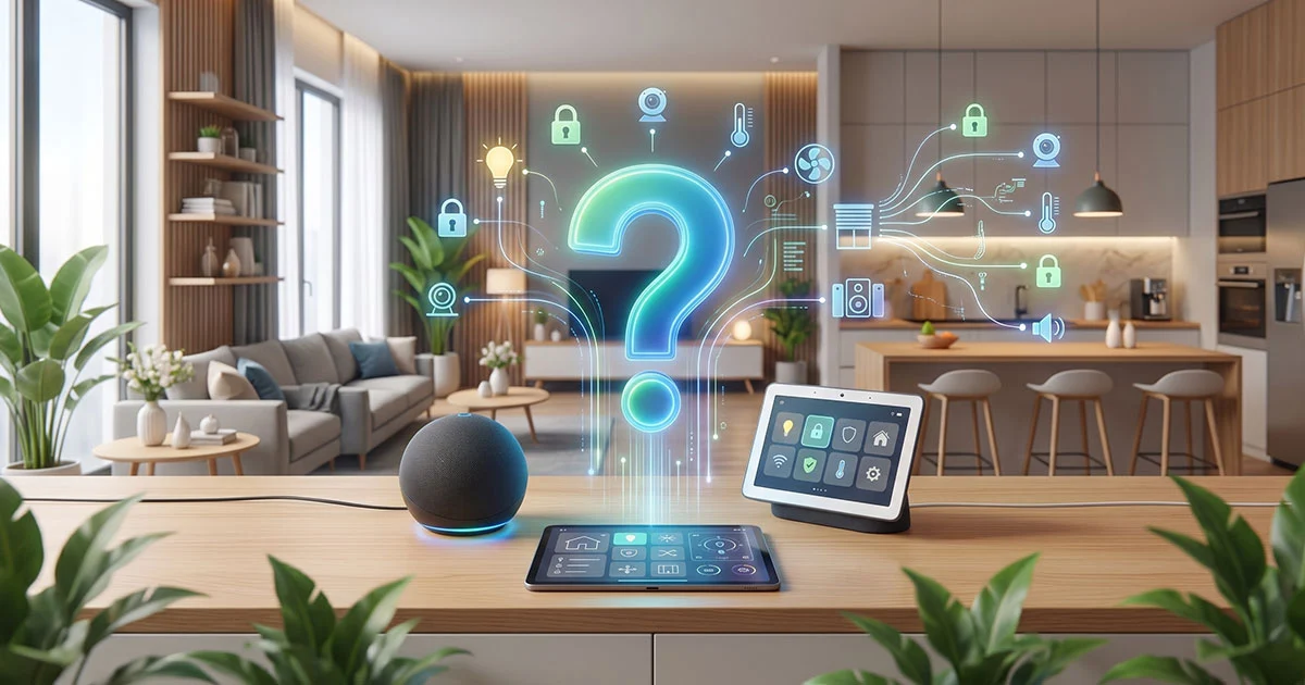 Interfaccia domotica su tablet e smart speaker in un open space moderno con ologramma a forma di punto interrogativo che collega icone di sensori intelligenti