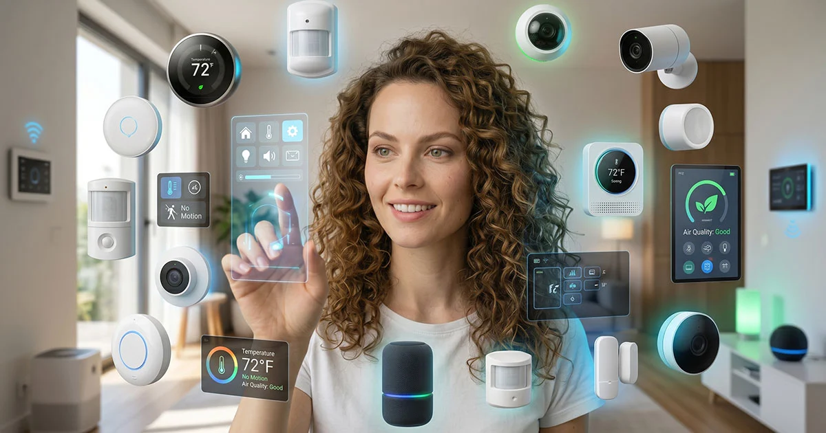 Una donna sorridente al centro di una stanza circondata da un'ampia selezione di sensori smart home sospesi per sicurezza, clima ed energia.