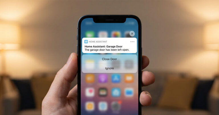 Mano che regge uno smartphone con le notifiche interattive di Home Assistant sullo schermo