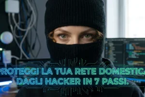 Primo piano di una persona con passamontagna davanti a schermi di programmazione e dispositivi smart home con la scritta proteggi la tua rete domestica dagli hacker in 7 passi.