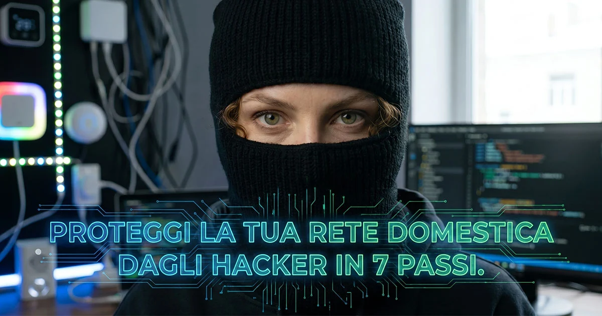 Primo piano di una persona con passamontagna davanti a schermi di programmazione e dispositivi smart home con la scritta proteggi la tua rete domestica dagli hacker in 7 passi.