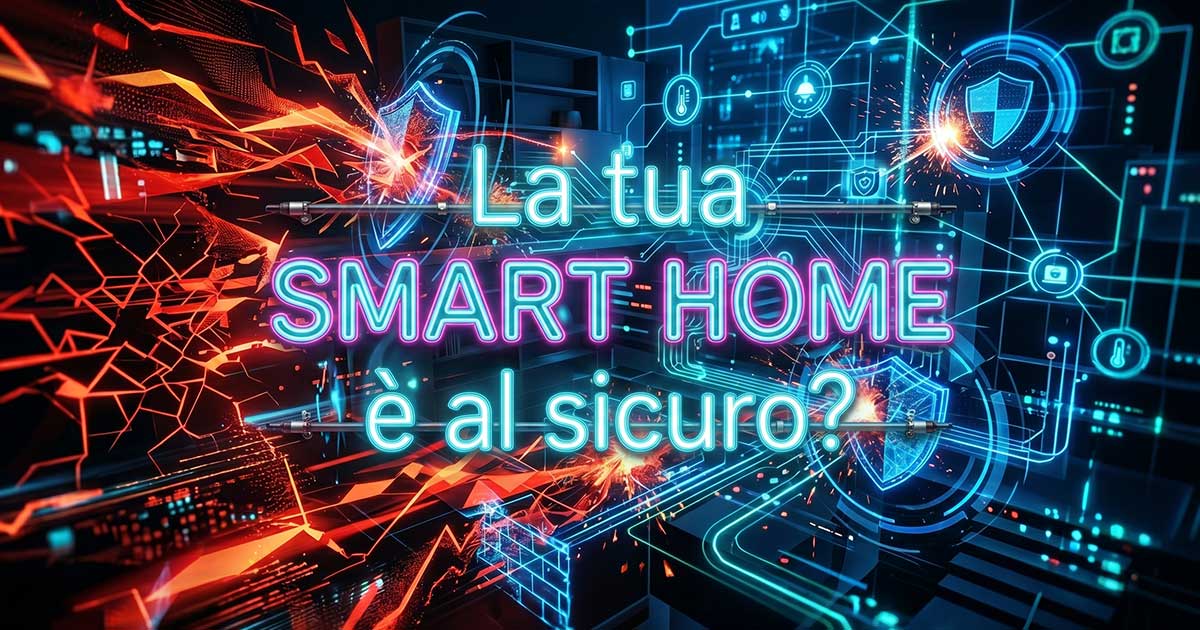Grafica concettuale sulla sicurezza smart home con elementi di rete protetti da minacce informatiche ed espressioni al neon