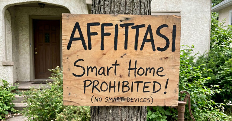 Cartello di affitto in legno con divieto ironico per smart home e dispositivi domotici, per sfatare il mito dei permessi strutturali.