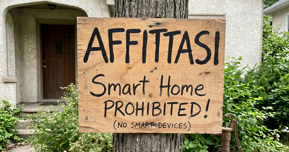 Cartello di affitto in legno con divieto ironico per smart home e dispositivi domotici, per sfatare il mito dei permessi strutturali.