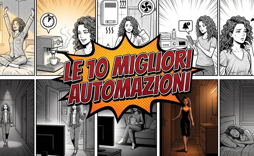 Illustrazione a fumetti suddivisa in pannelli che mostra le 10 migliori automazioni smart home quotidiane per ottimizzare il tempo e i consumi domestici.