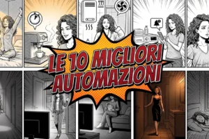 Illustrazione a fumetti suddivisa in pannelli che mostra le 10 migliori automazioni smart home quotidiane per ottimizzare il tempo e i consumi domestici.