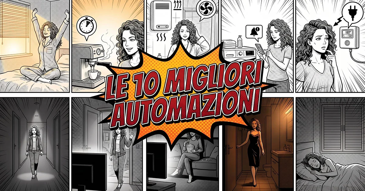 Illustrazione a fumetti suddivisa in pannelli che mostra le 10 migliori automazioni smart home quotidiane per ottimizzare il tempo e i consumi domestici.