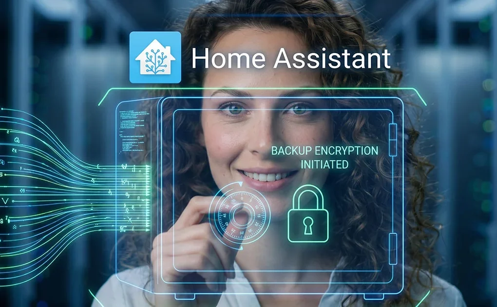 Interfaccia digitale di Home Assistant che mostra l'avvio della crittografia di un backup sicuro all'interno di una cassaforte olografica.