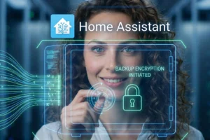 Interfaccia digitale di Home Assistant che mostra l'avvio della crittografia di un backup sicuro all'interno di una cassaforte olografica.