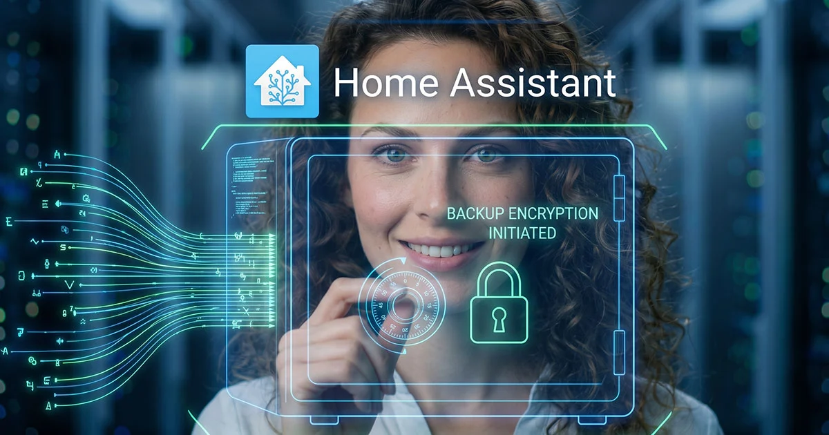 Interfaccia digitale di Home Assistant che mostra l'avvio della crittografia di un backup sicuro all'interno di una cassaforte olografica.