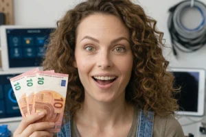 Ragazza sorridente e sbalordita mostra tre banconote da 10 euro con tablet domotici e cavi sullo sfondo per simboleggiare l'acquisto di dispositivi smart sotto i 30 euro.