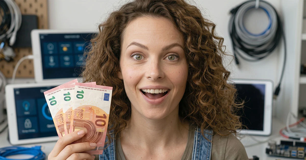 Ragazza sorridente e sbalordita mostra tre banconote da 10 euro con tablet domotici e cavi sullo sfondo per simboleggiare l'acquisto di dispositivi smart sotto i 30 euro.
