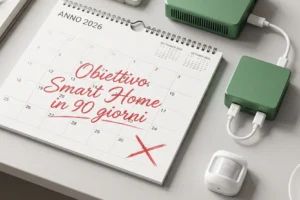 Calendario dell'anno 2026 con la scritta Obiettivo Smart Home in 90 giorni accanto a dispositivi domotici verdi, un server locale e un sensore di movimento su una scrivania.