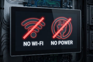 Schermo di controllo domotico che segnala assenza di connessione Wi-Fi e mancanza di alimentazione elettrica in una smart home.