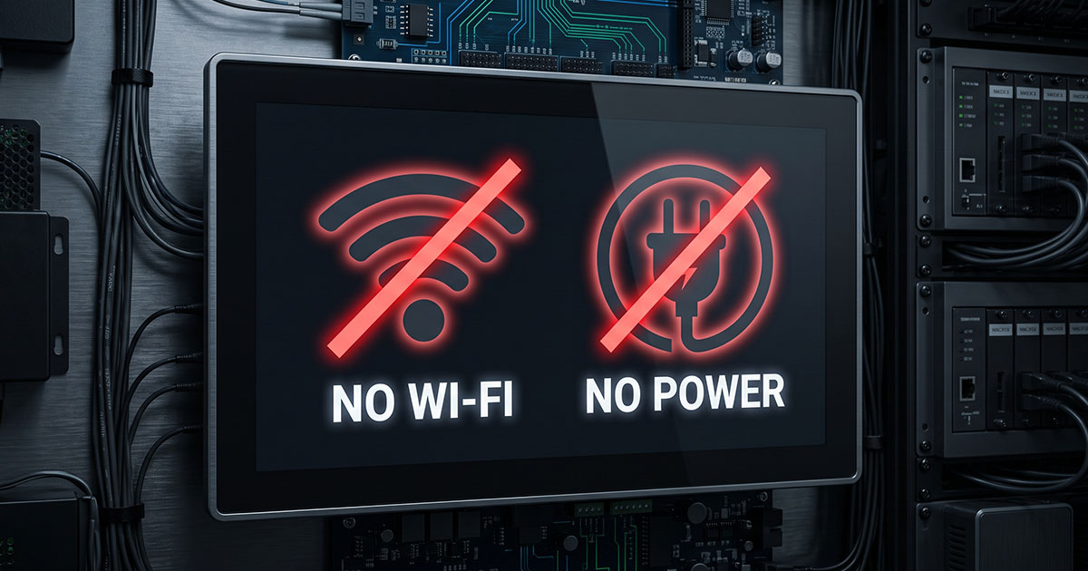 Schermo di controllo domotico che segnala assenza di connessione Wi-Fi e mancanza di alimentazione elettrica in una smart home.