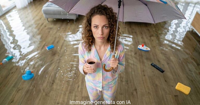 Donna con ombrello e tazza di caffè in una stanza allagata per dimostrare la prevenzione perdite in una allagamento smart home
