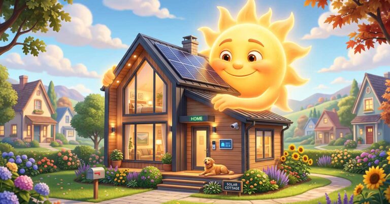 Illustrazione 3D di una smart home riscaldata dal sole per la gestione bioclimatica e domotica tapparelle
