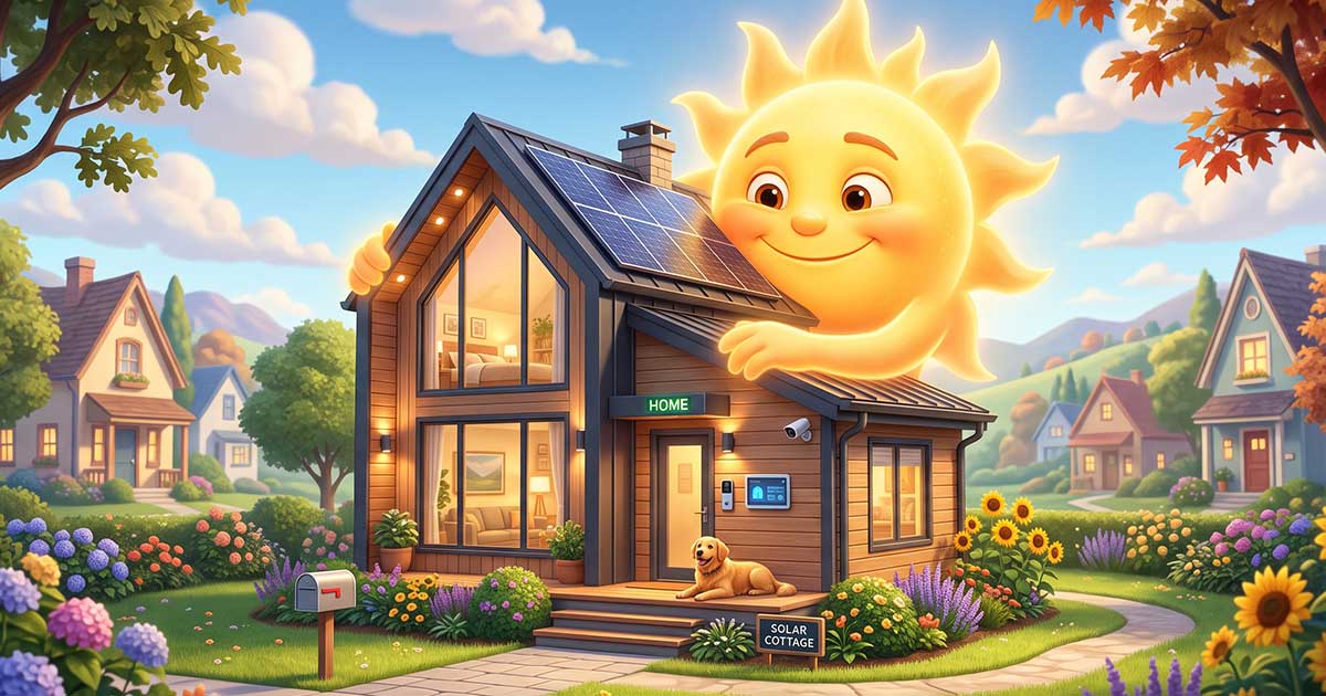 Illustrazione 3D di una smart home riscaldata dal sole per la gestione bioclimatica e domotica tapparelle