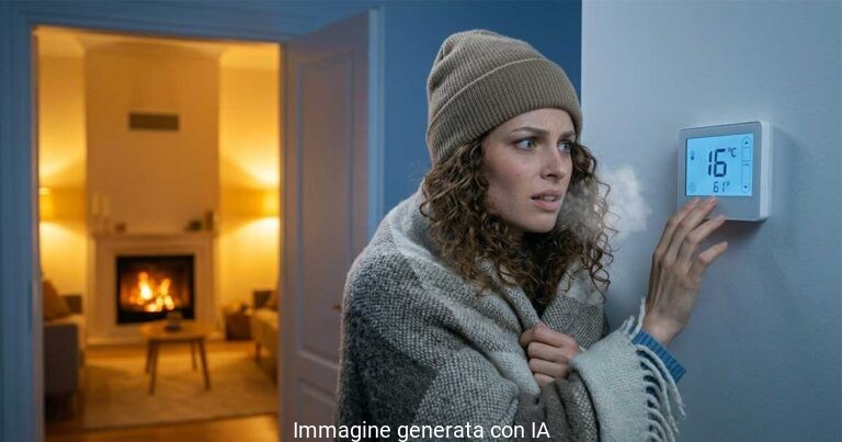 Donna infreddata che regola il termostato a parete mentre tenta di impostare la temperatura ideale in casa