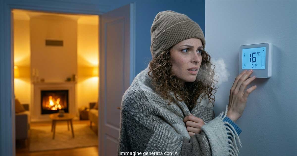 Donna infreddata che regola il termostato a parete mentre tenta di impostare la temperatura ideale in casa
