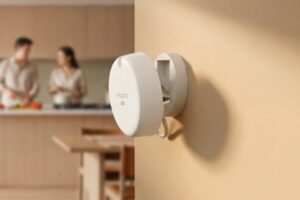 Sensore Aqara Spatial Multi-Sensor FP400 con radar mmWave a 60 GHz installato a parete con supporto orientabile in ambiente living open space