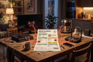 Dispositivi elettronici in standby collegati a una bolletta della luce, che rappresentano il concetto di consumi vampiro e spreco di energia domestica.