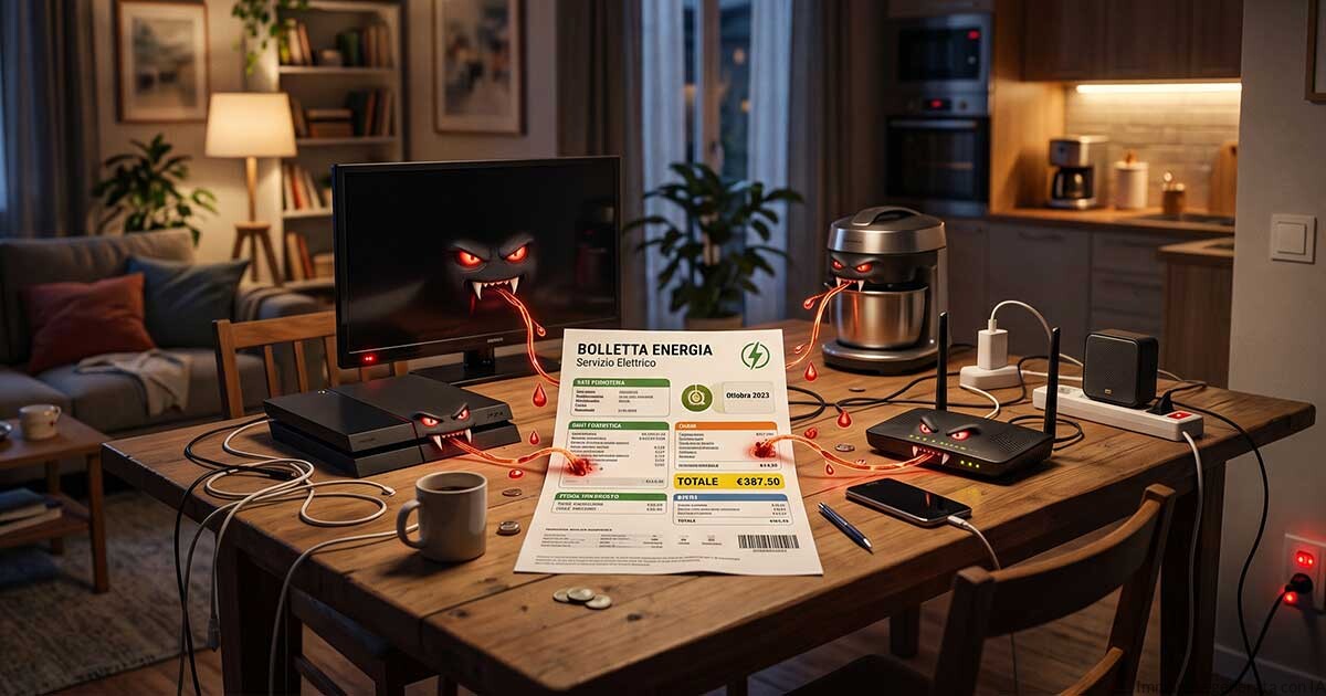 Dispositivi elettronici in standby collegati a una bolletta della luce, che rappresentano il concetto di consumi vampiro e spreco di energia domestica.
