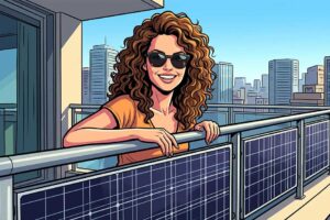 Donna sorridente su un balcone con pannelli fotovoltaici e panorama urbano