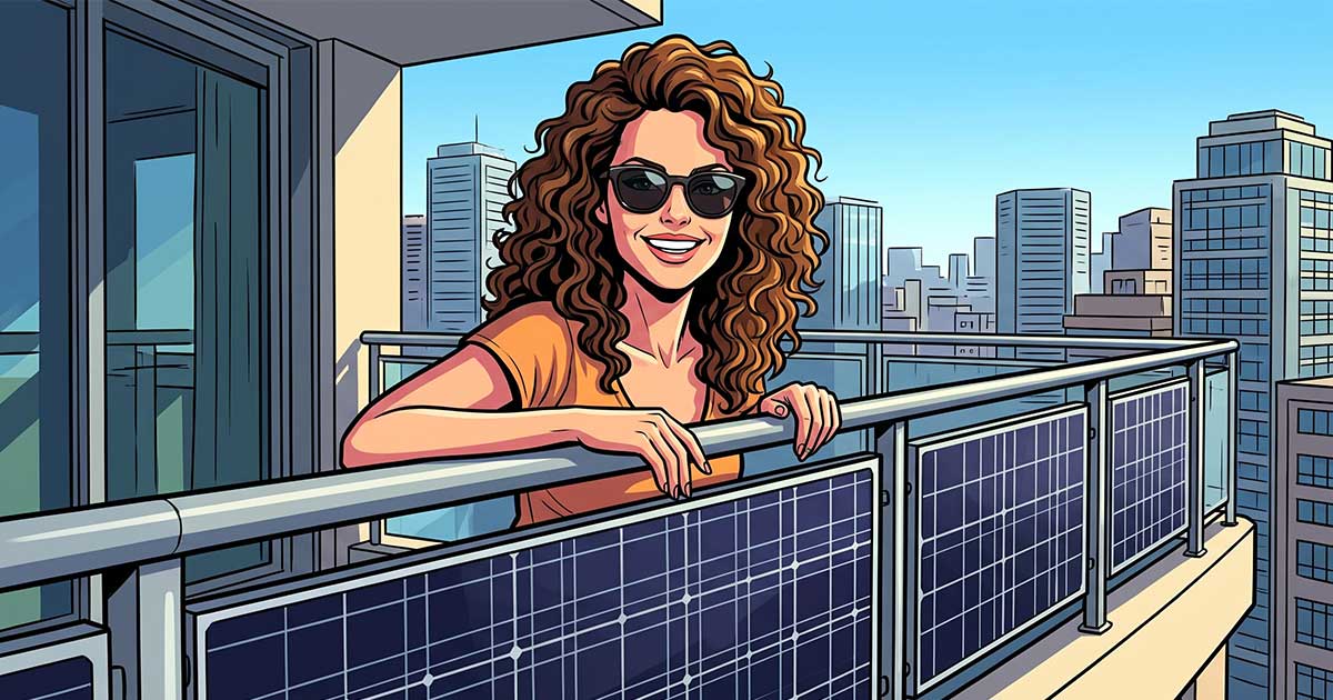 Donna sorridente su un balcone con pannelli fotovoltaici e panorama urbano